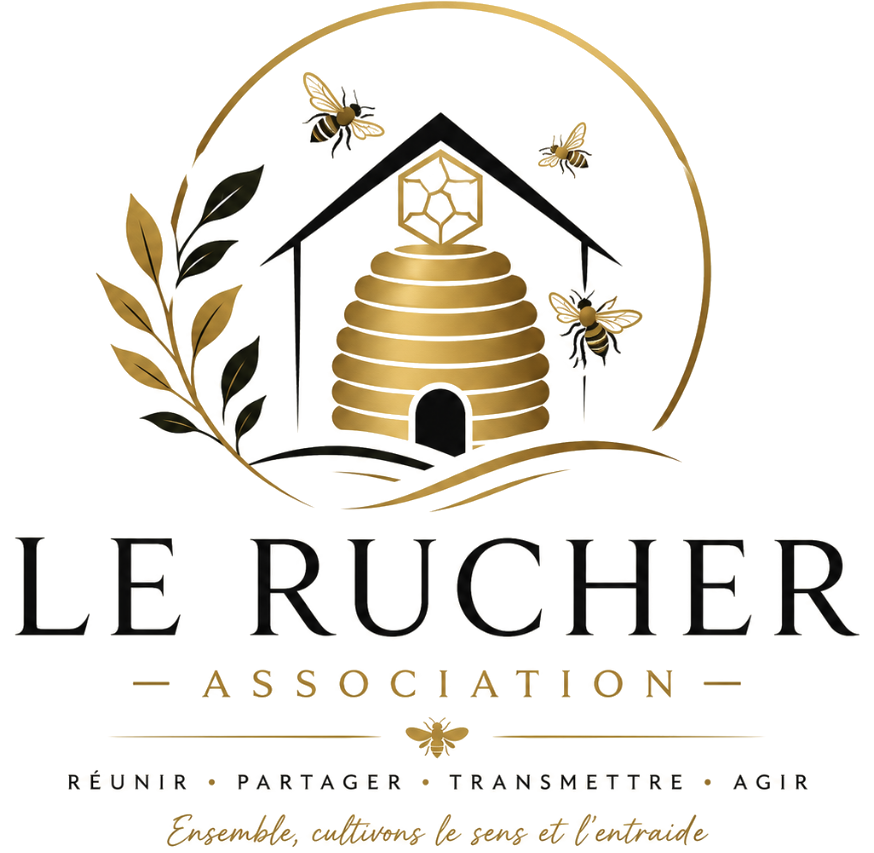 Emblème du Rucher : une ruche abritée sous une maison, un hexagone doré au-dessus, une branche et trois abeilles
