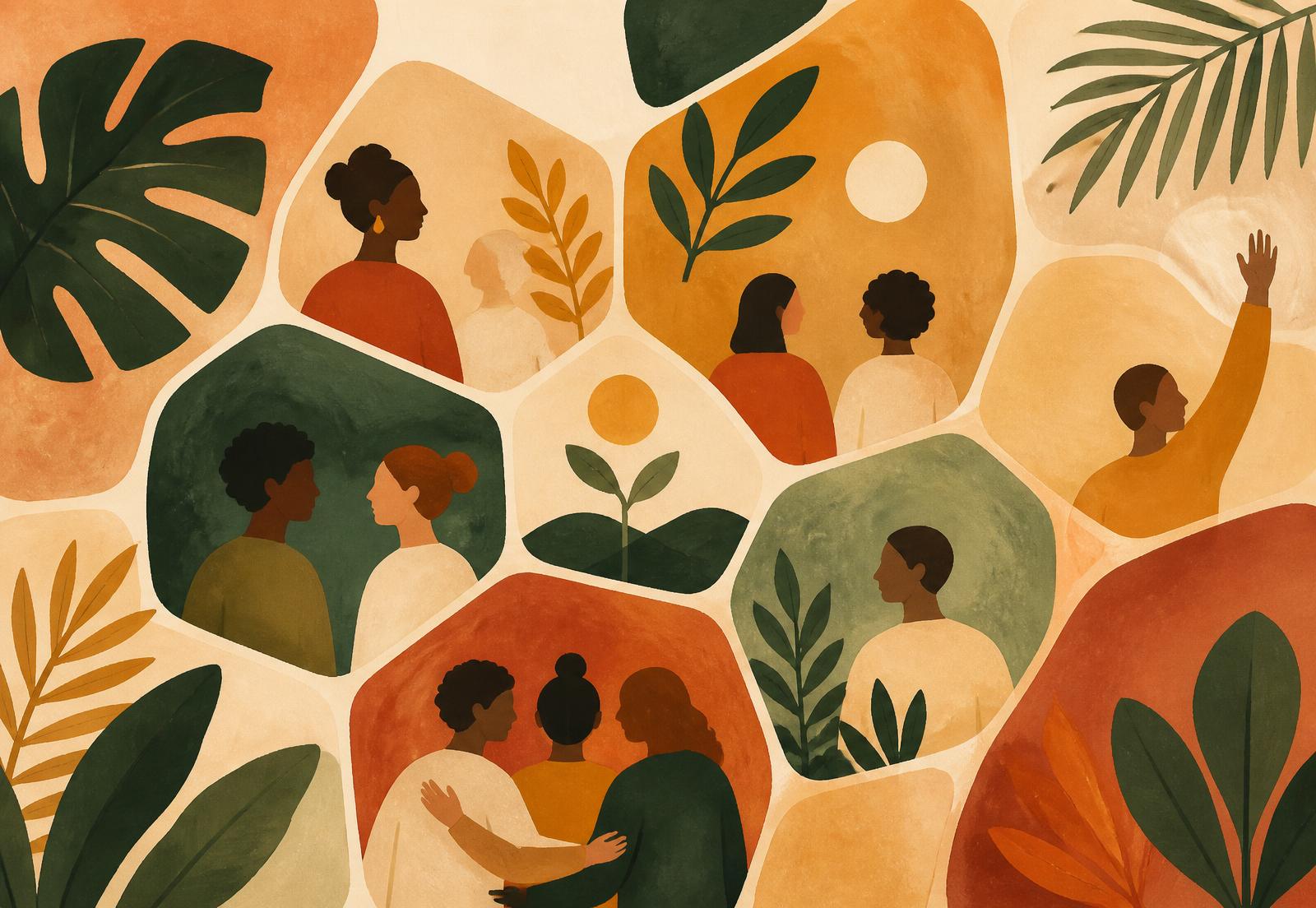 Illustration d'un collectif d'habitants réunis dans des alvéoles colorées entourées de végétation tropicale